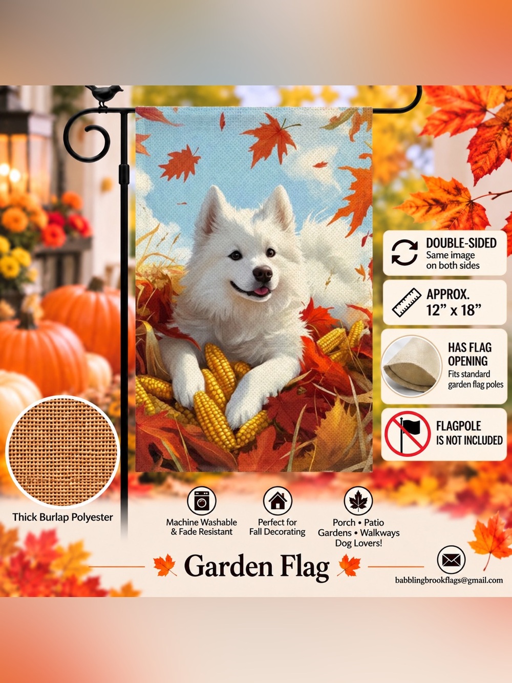Garden Flag, Autumn American Eskimo Dog, burlap, double-sided, 13”x18”